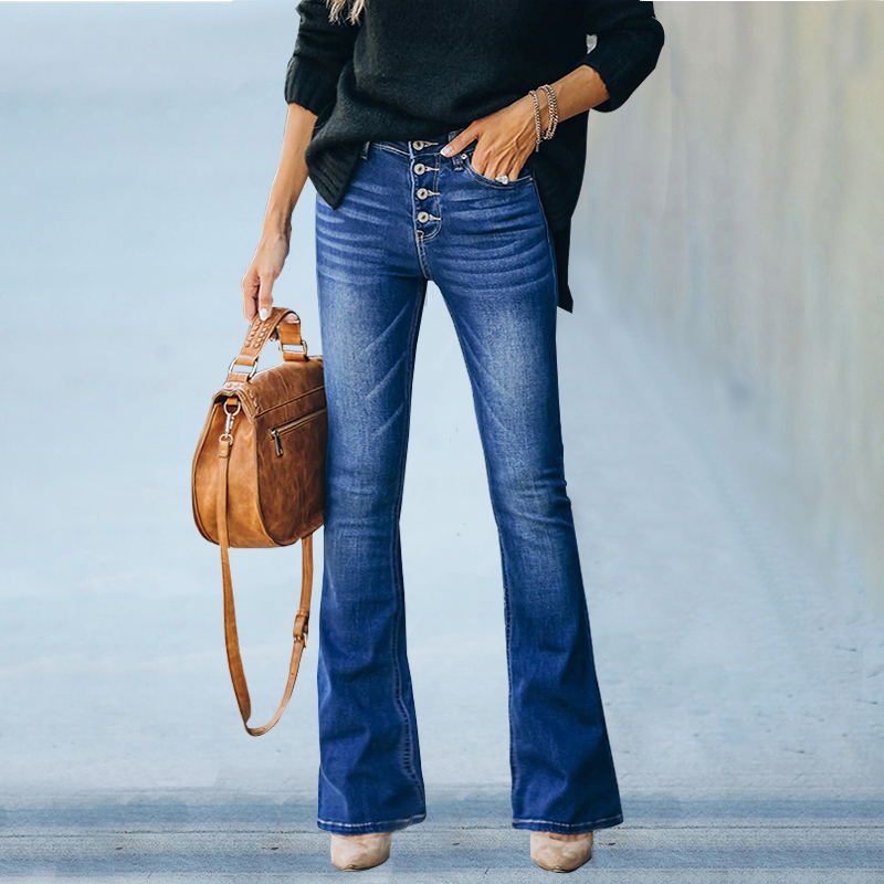 Women's Flare Jeans Button Fly  Vintage Stretch Casual Woman Denim Pants Jean Femme High Waist Full Length Slim Jeans