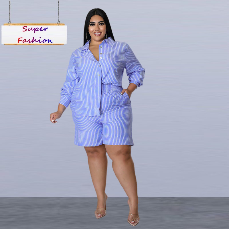 L-5XL  Summer Plus Size Two Piece Sets Women Clothing Casual Loose Striped Shirt Short Suit Ladies Outfit Dropshipping