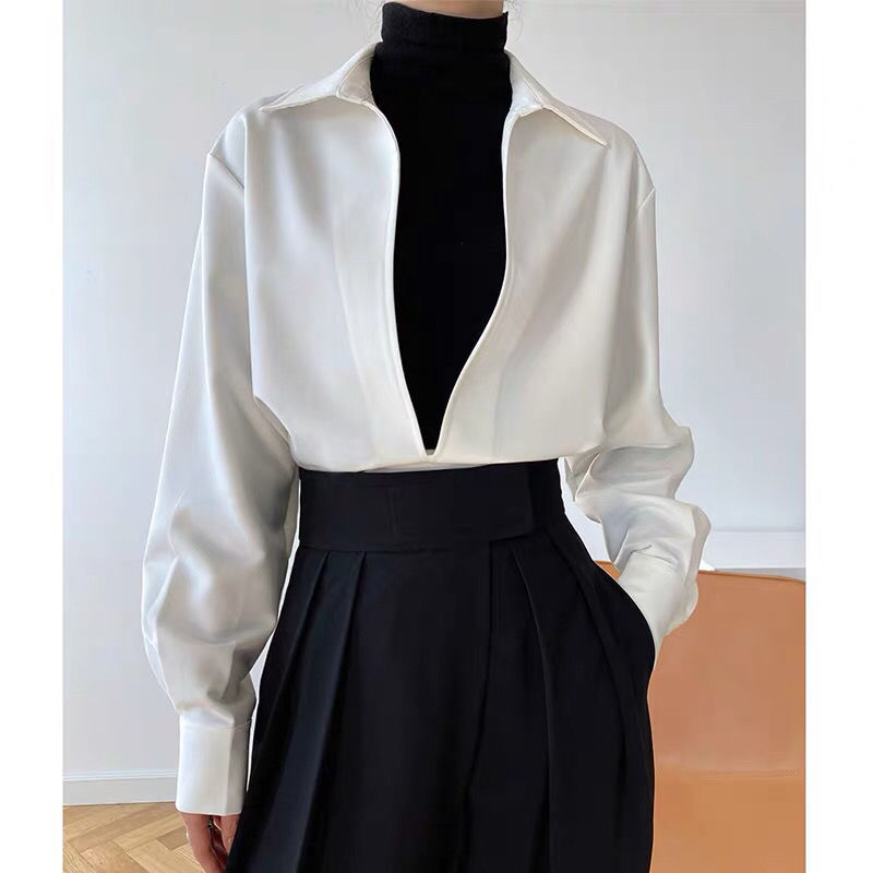 Deeptown Vintage Women Blouses White Female Office Wear   Shirt Oversized V Neck Long Sleeve Ladies Tops Basic Chic