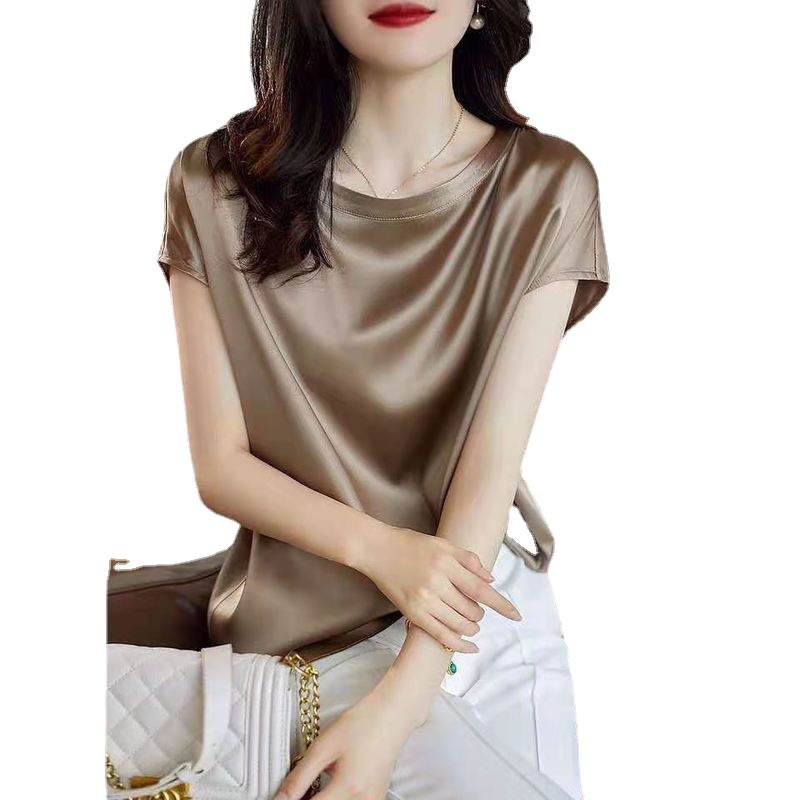 4 Colors Autumn  Faux Satin Silk Shirt Vintage Blouse Women Lady Short Sleeves Female Loose Street Shirts M-4XL