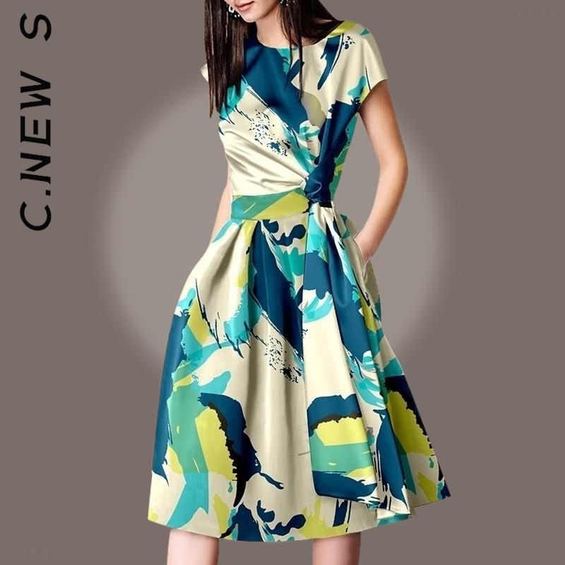 C.S Women O Neck Slim Multicolor Floral Print Vintage Elegant Knee Lenght Casual Dresses Summer Runway French Short Sleeve