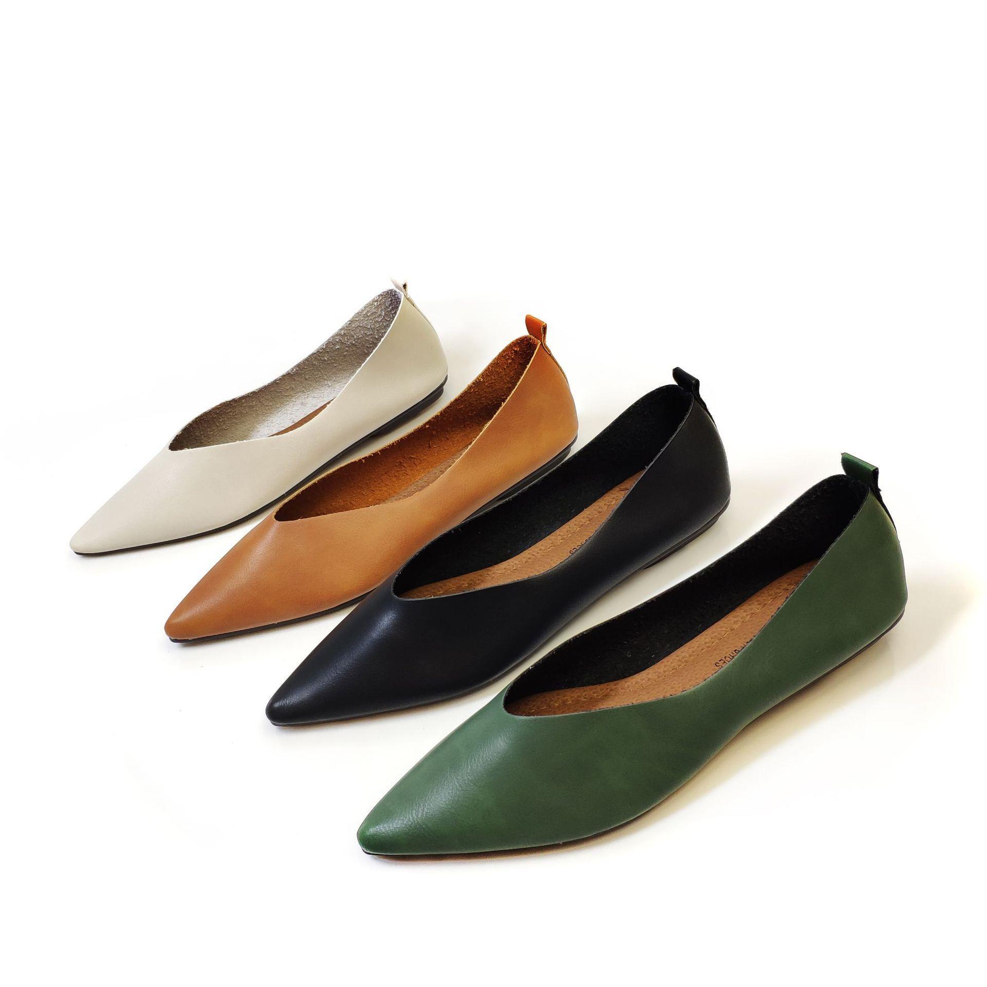 33 Autumn Flat Single Shoes Genuine Leather Woman Flats Shoes Retro Pointed Shallow Mouth Female Shoes Large Size 43 44