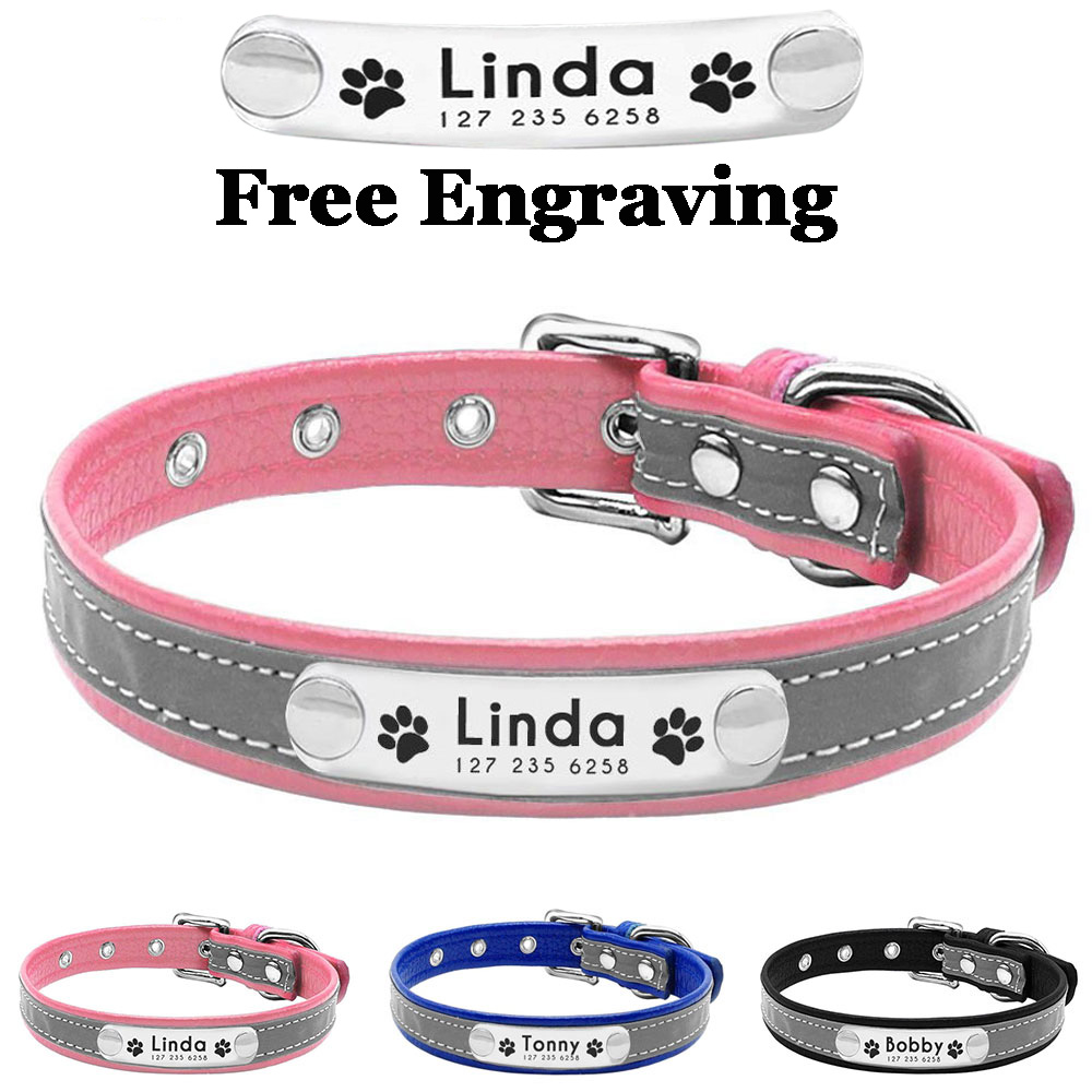 Leather Durable Dog Collar Adjustable And Customizable Pet Collar Personalized Unisex Collar Engraved Reflective Dog Tag Collar