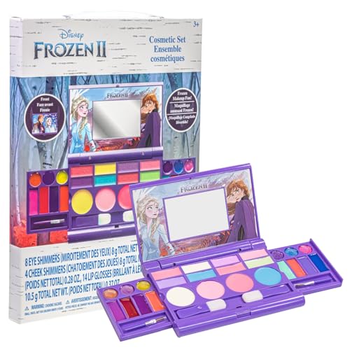 Disney Frozen Elsa Anna Cosmetic Compact Set with Mirror 14 lip glosses, 8 Eye Shadow, 4 Blushes, 4 Brushes Colorful Portable Washable Makeup Beauty Kit Box Set for Girls Kids Toddler