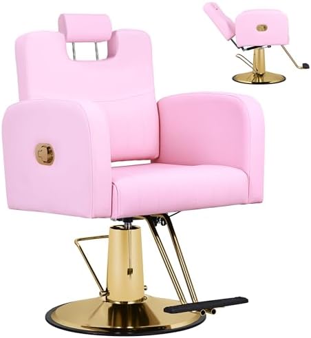 Barber Chair Pink Salon Chair for Hair Stylist Reclining, Salon Styling Chair with Hydraulic, Height Adjustable Hair Salon Chair for Barbershop, 360°Swivel Beauty Spa Equipment Salon (Pink)