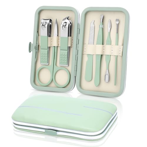 Manicure Set-Stainless Steel Nail Care Set-Professional 7 in 1 Ingrown Toenail Clipper Grooming Tool-Pedicure Kit & Toe Nail Cutter-Thick Nail Scissors Toiletries with Cuticle Trimmer (Green)