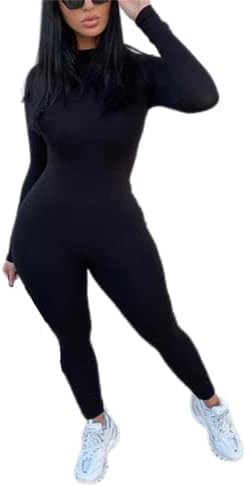 ECHOINE Long Sleeve Jumpsuit For Women Sexy Round Neck Back Zipper Bodycon Long Romper Clubwear