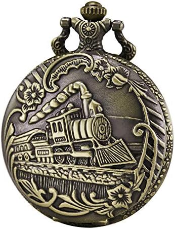 Pocket Watch Steam Train Quartz Fob Watch for Men Women with Chain, Bronze